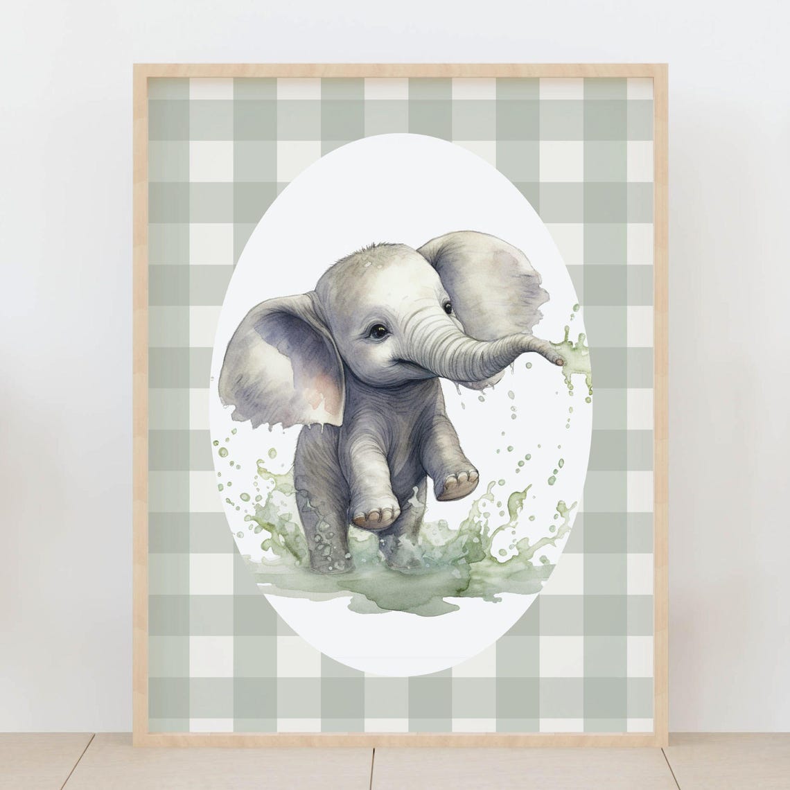 Baby Elephant Splashing Water Watercolor Nursery Room Poster
