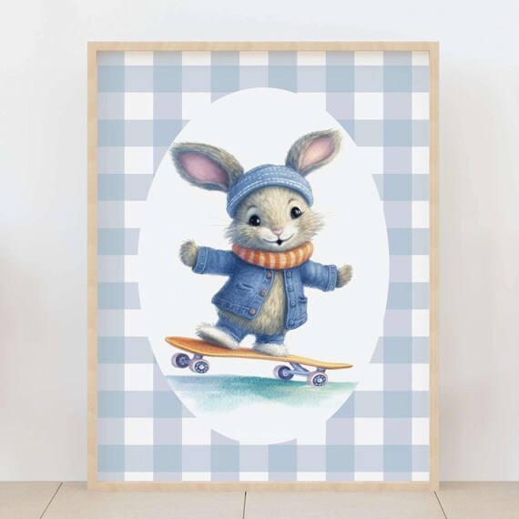 Baby Bunny Skateboard Denim Jacket Gingham Nursery Room Poster