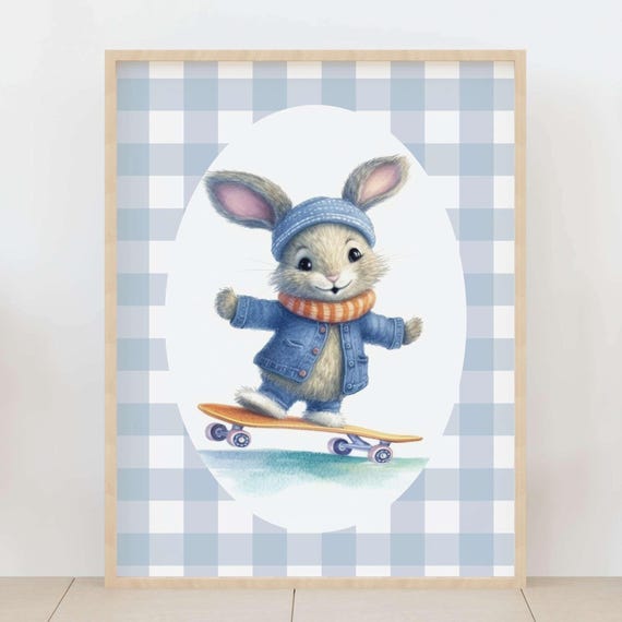 Skateboard Bunny Nursery Wall Art Cute Rabbit Kids Room Decor Blue Gingham Baby Print Playroom Poster