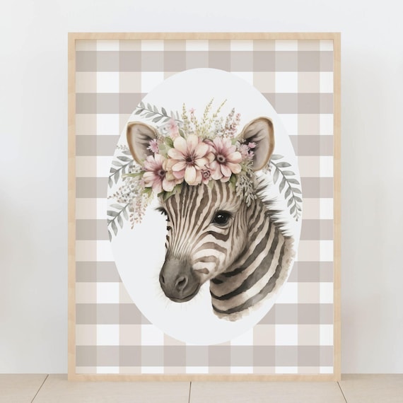 Baby Zebra Watercolor Floral Crown Gingham Nursery Room Poster
