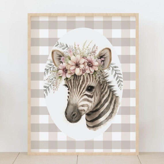 Gingham Animal Print Of Baby Zebra With Floral Crown Neutral Safari Decor For Kids Room Shower Gift