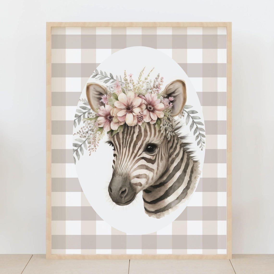 Baby Zebra Watercolor Floral Crown Gingham Nursery Room Poster