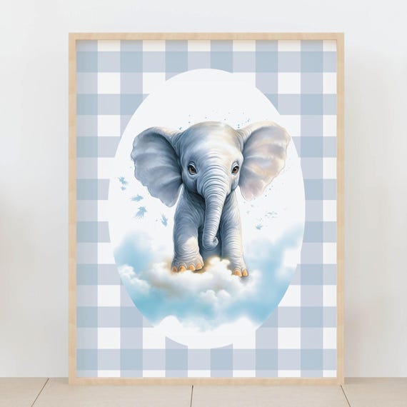 Baby Elephant In Clouds Wall Art Watercolor Safari Animal Nursery Whimsical Kids Room Decor