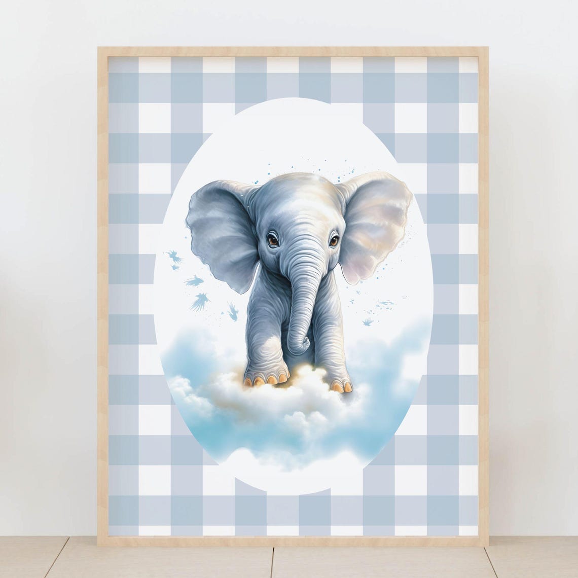 Baby Elephant Watercolor Clouds Dreamy Gingham Nursery Poster