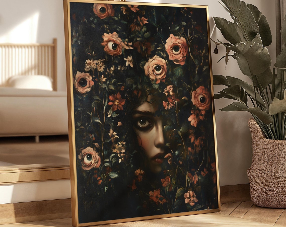 Mysterious Woman Hidden Among Dark Floral Eye Roses Gothic Print - Image 4