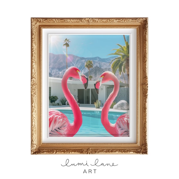 Flamingos At Poolside Palm Trees Retro Tropical Holiday Poster