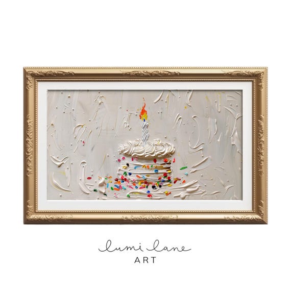 Confetti Cake Art Textured Oil Painting Birthday With Candle Celebrate Fun Make A Wish Print Frame Tv