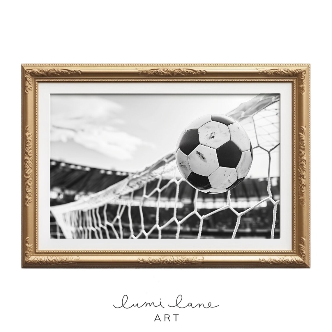 Soccer Ball Hitting Goal Net Black White Sports Photography Print
