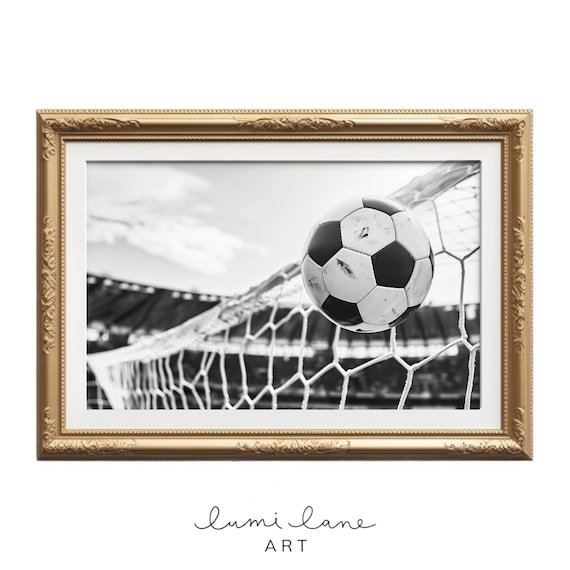 Soccer Ball Hitting Goal Net Black White Sports Photography Print