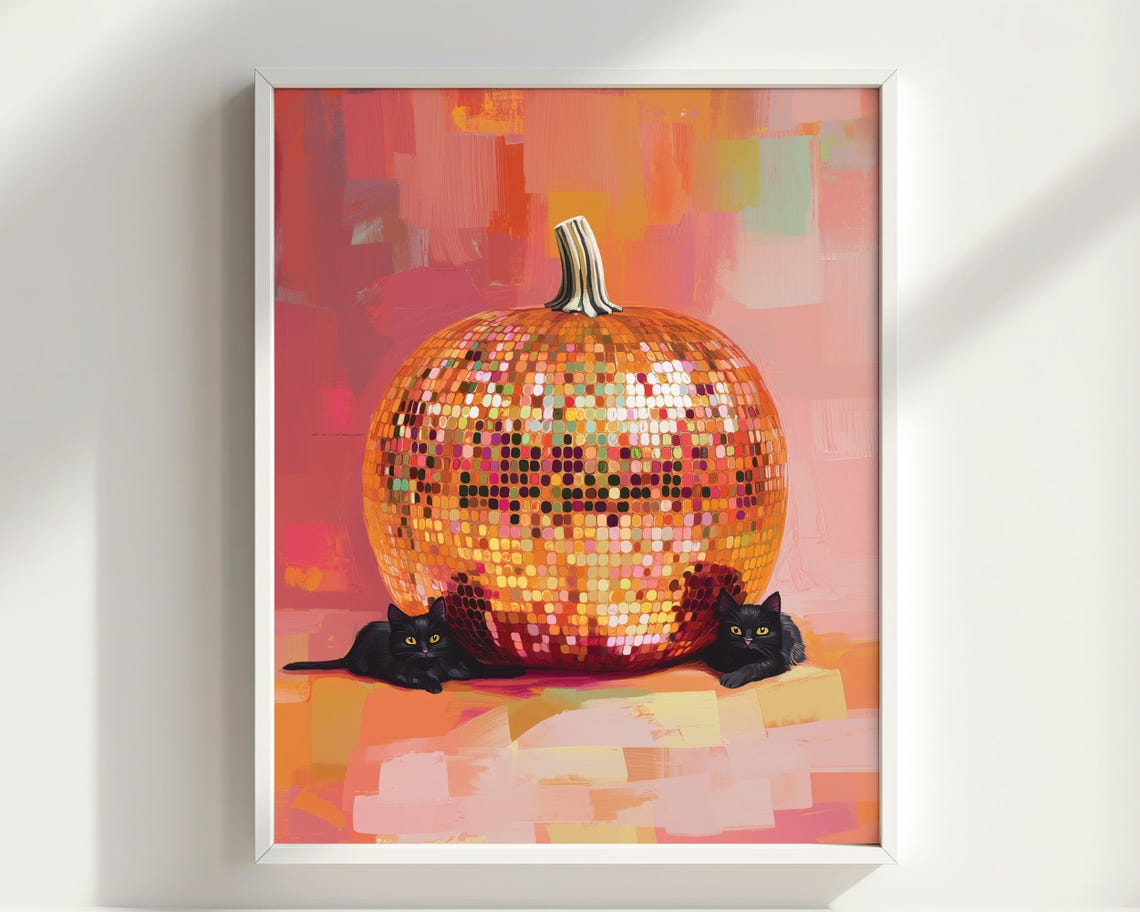 Gold Disco Ball Pumpkin Black Cats Halloween Shimmer Warm Fall Poster - Image 2