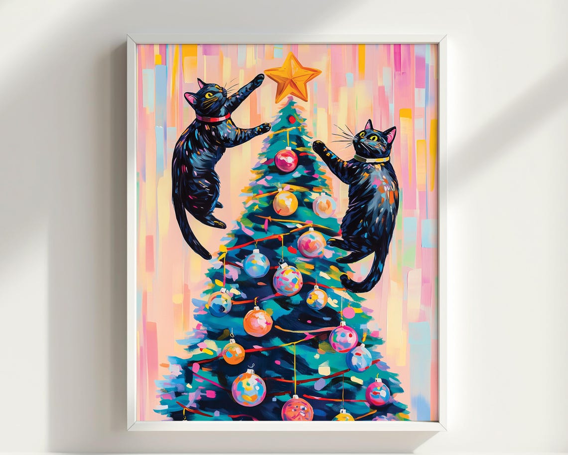 Black Cats Catching Christmas Tree Black Cat Poster Print Christmas Print Xmas Poster Funny Animal Print Vivid Oil Painting Cat Xmas - Image 2