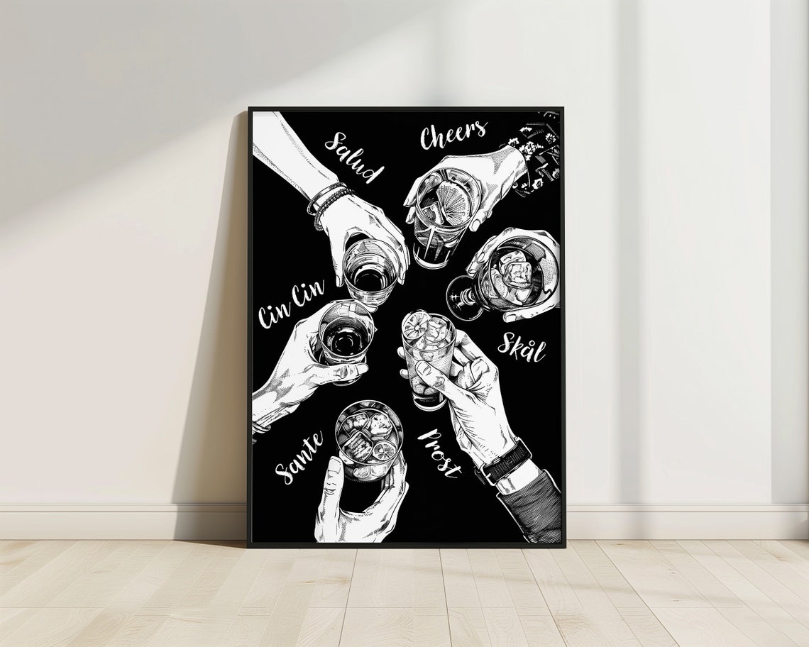 Cheers Hands Black Toast Salud Skol Prost Multilingual Bar Poster