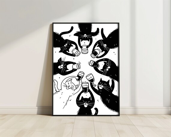 Cheers Cats Circle Toast Eight Cats Wine Glasses Party Poster