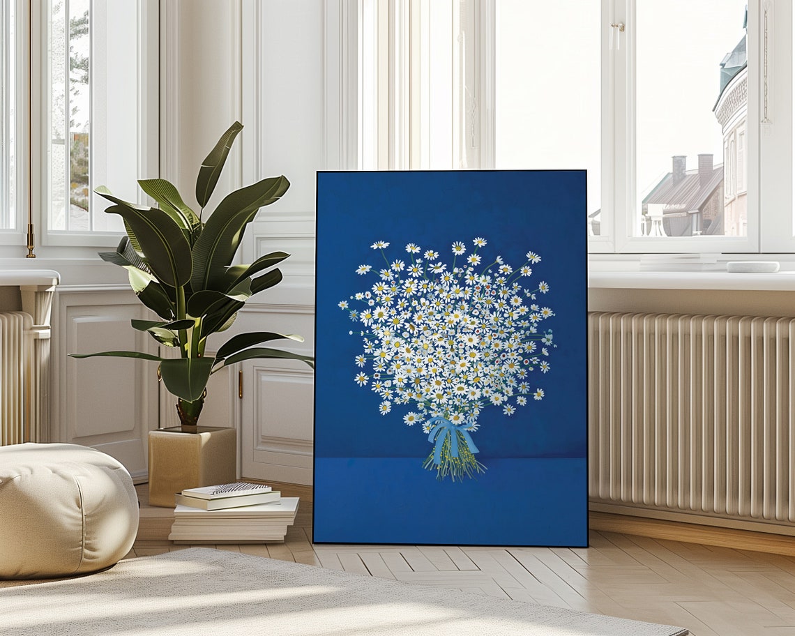 White Daisy Bouquet Tied With Blue Ribbon Navy Background Wall Art - Image 4