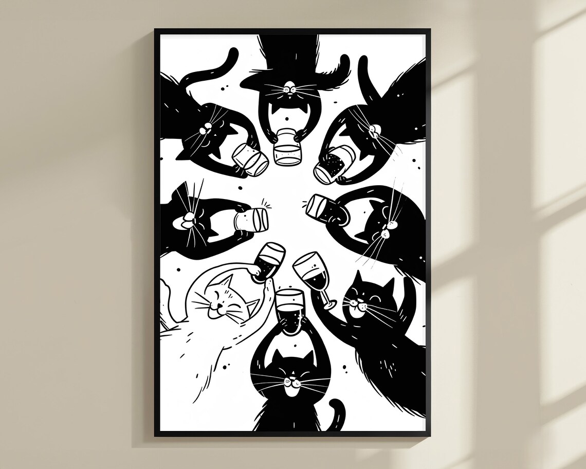 Cheers Cats Circle Toast Eight Cats Wine Glasses Party Poster - Image 3