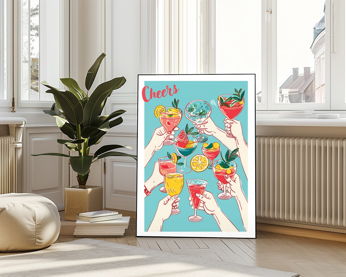 Cheers Cocktail Glasses Toast Retro Illustration Party Wall Art - Image 4