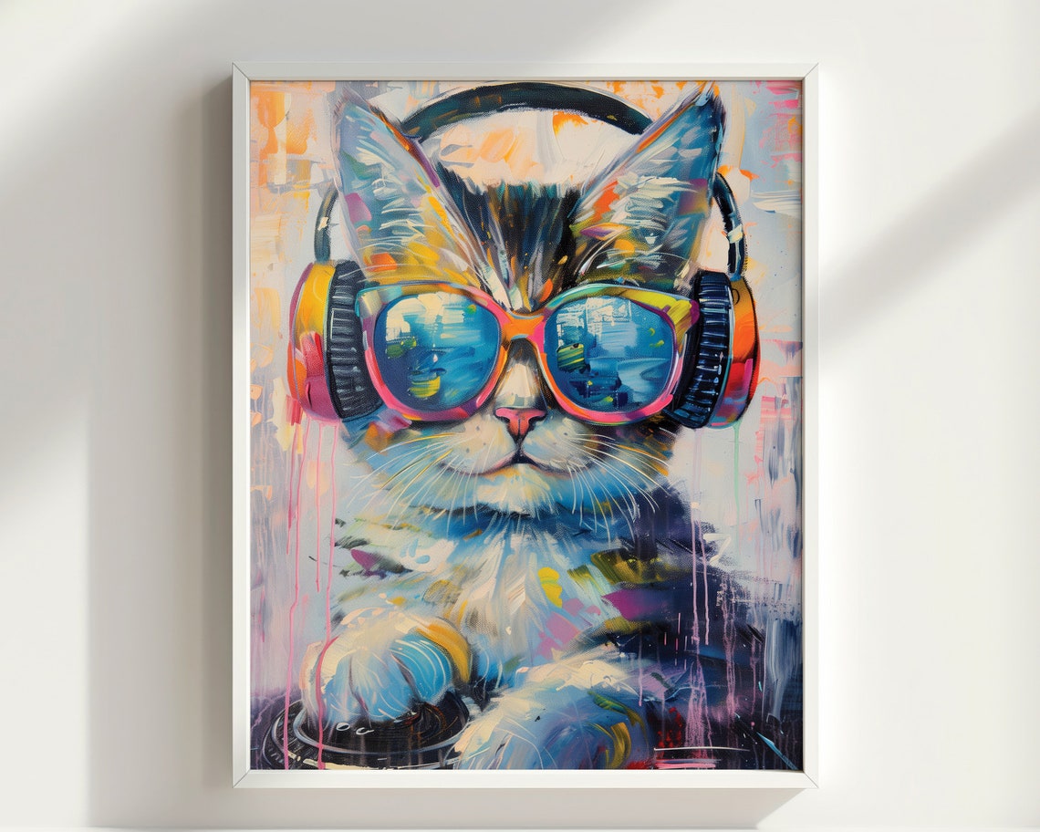 DJ Kitten With Headphones Blue Sunglasses Colorful Music Wall Art - Image 2