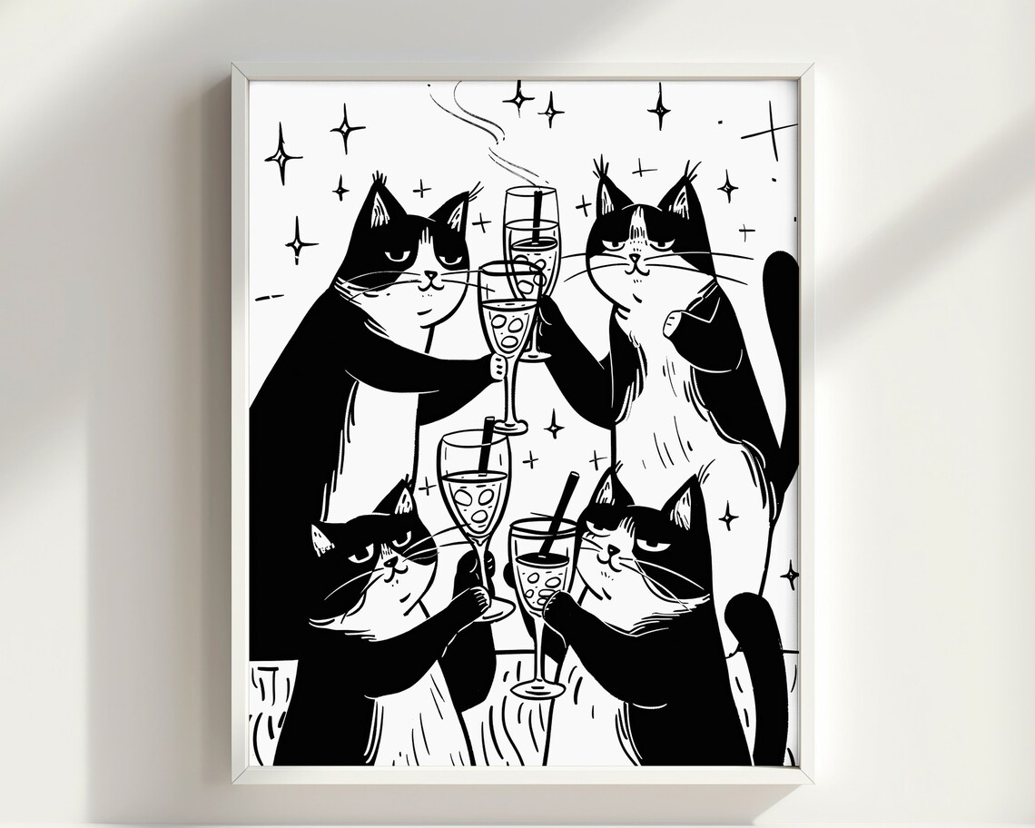 Cheers Cats Toasting Black and White Tuxedo Cat Party Poster - Image 2