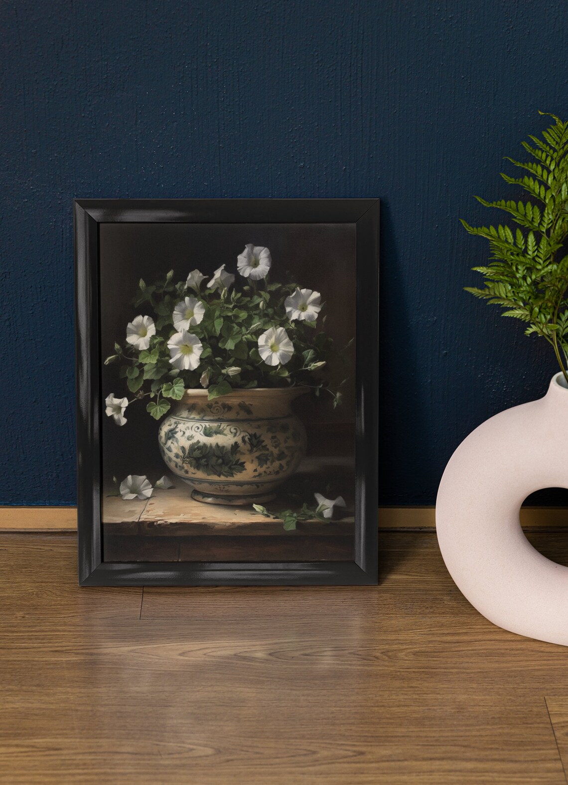 White Petunias Porcelain Pot Dark Moody Floral Still Life Poster