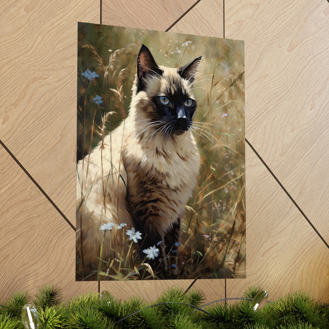 Balinese Seal Point Cat Blue Eyes Meadow Wildflowers Portrait Poster - Image 2