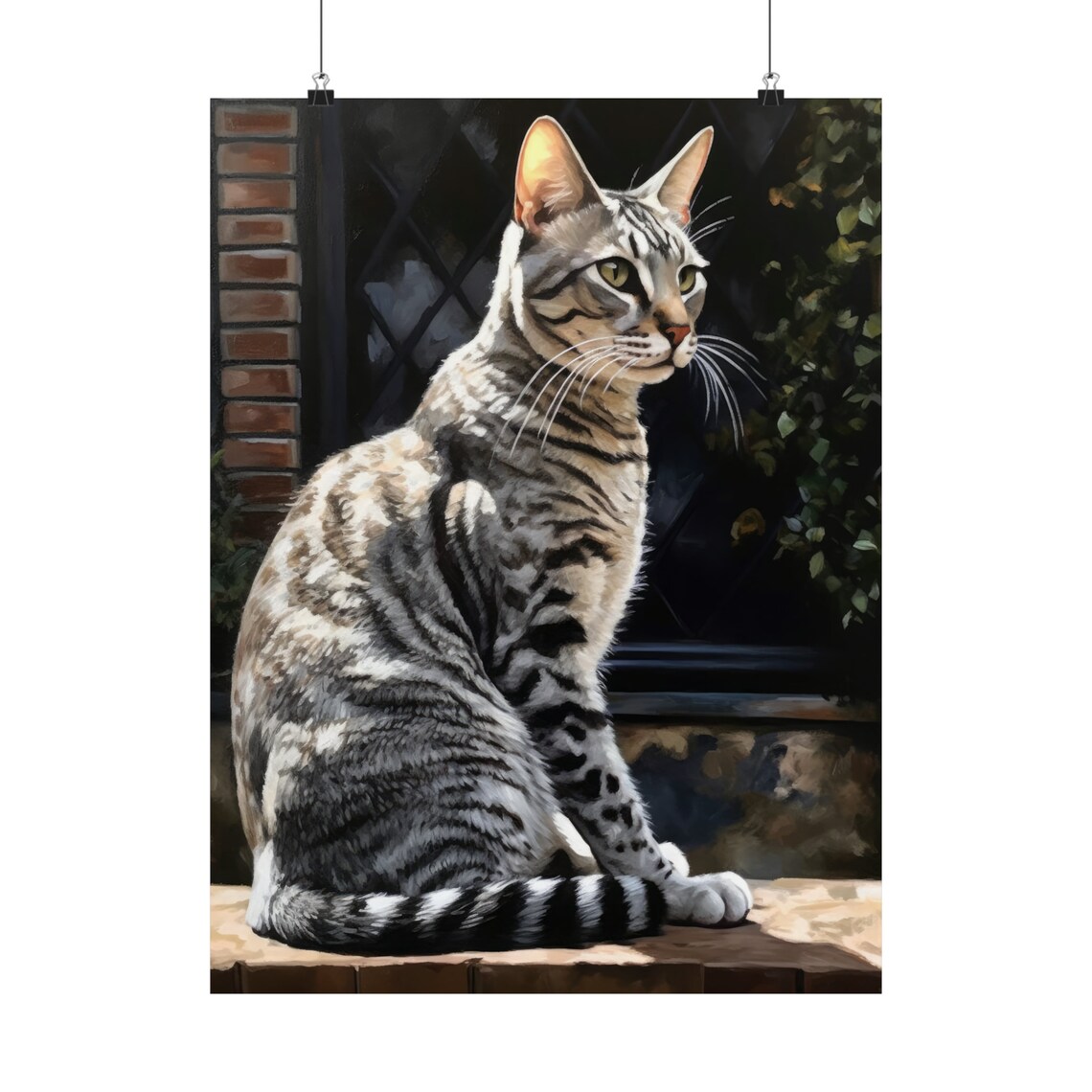 Egyptian Mau Cat Silver Spotted Coat Brick Window Feline Wall Art Print - Image 5