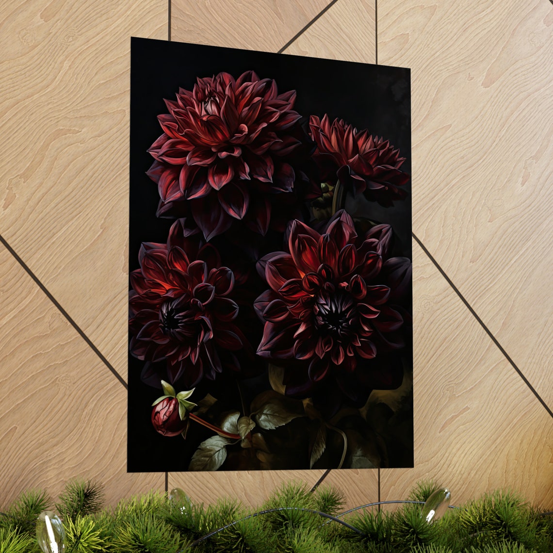 Dark Red Dahlia Blooms Black Background Moody Floral Fine Art Poster - Image 2