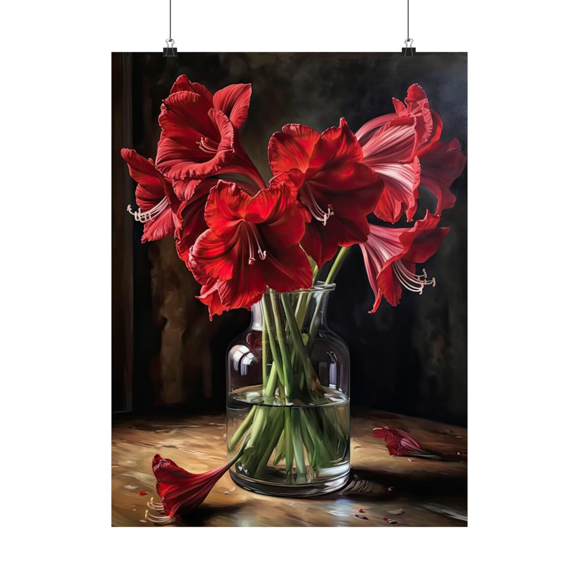 Red Amaryllis Bouquet Dark Still Life Wooden Table Flower Art Print - Image 5