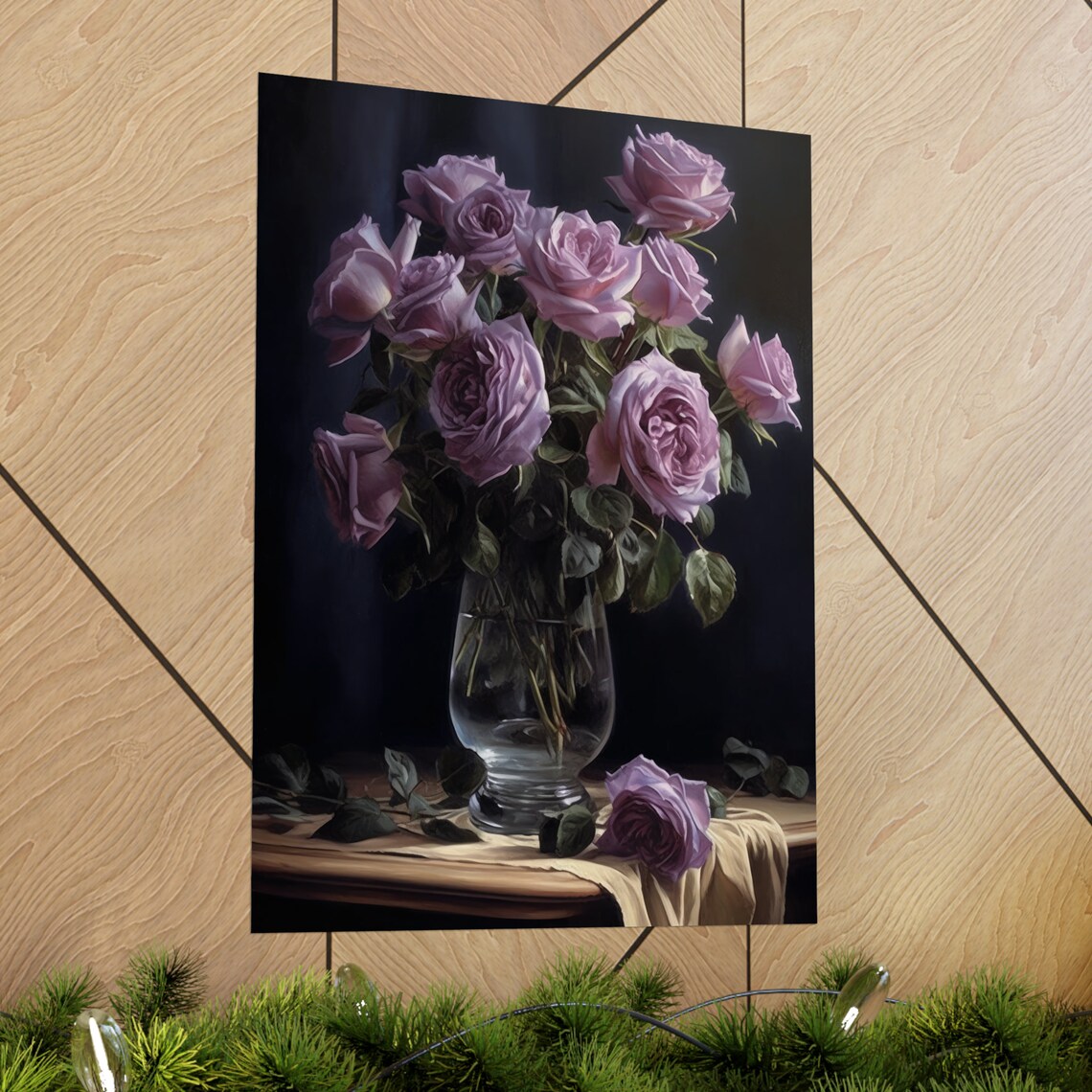 Lavender Rose Bouquet Glass Vase Dark Romantic Floral Art Poster - Image 2