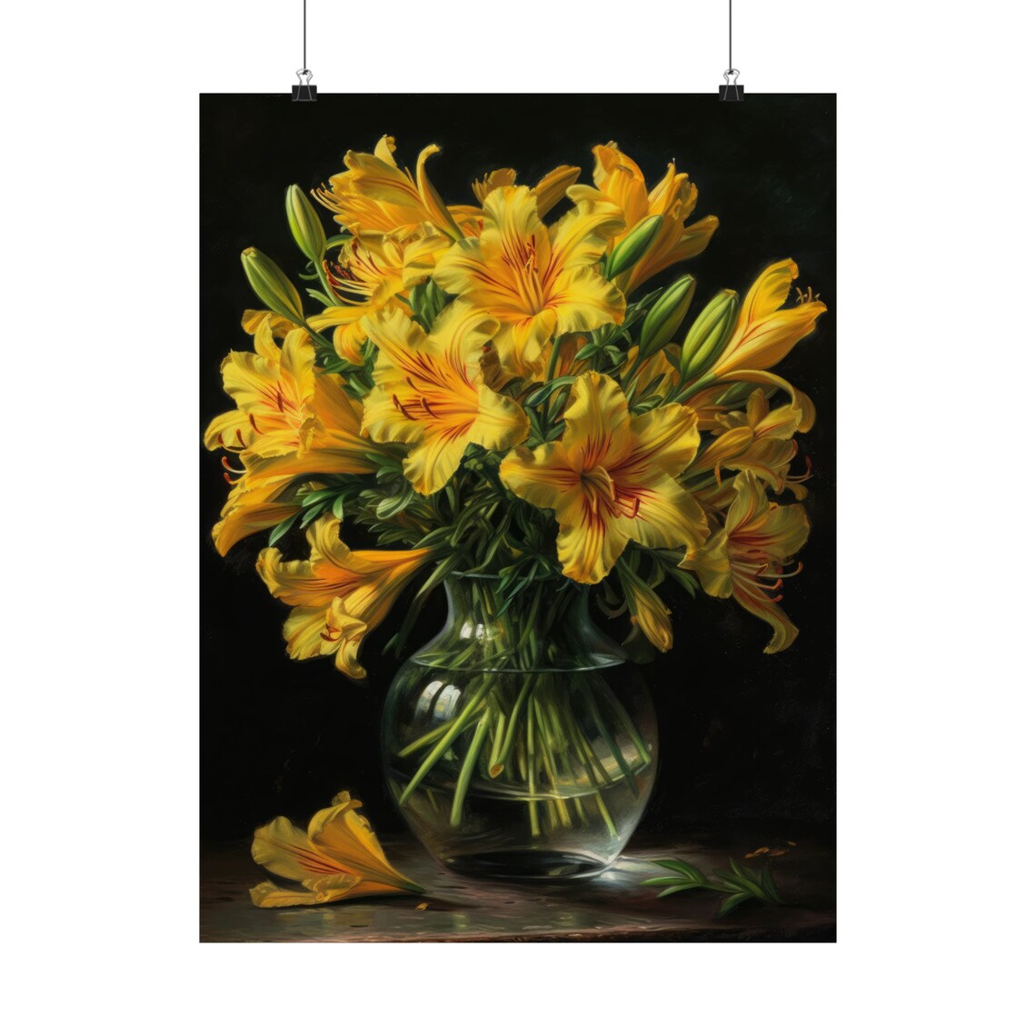 Yellow Alstroemeria Flowers Glass Vase Dark Elegant Floral Art Print - Image 5