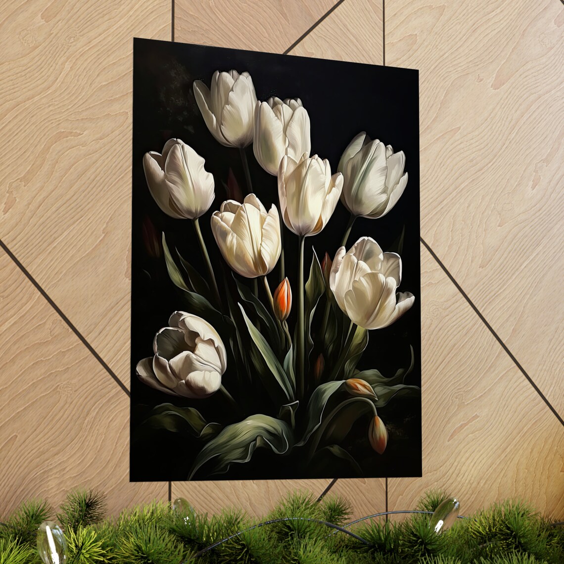 White Tulips Dark Moody Oil Painting Elegant Floral Wall Art - Image 2