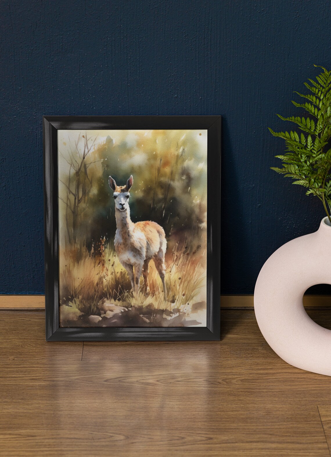 Young Llama Misty Morning Field Watercolor Cute Animal Art Print