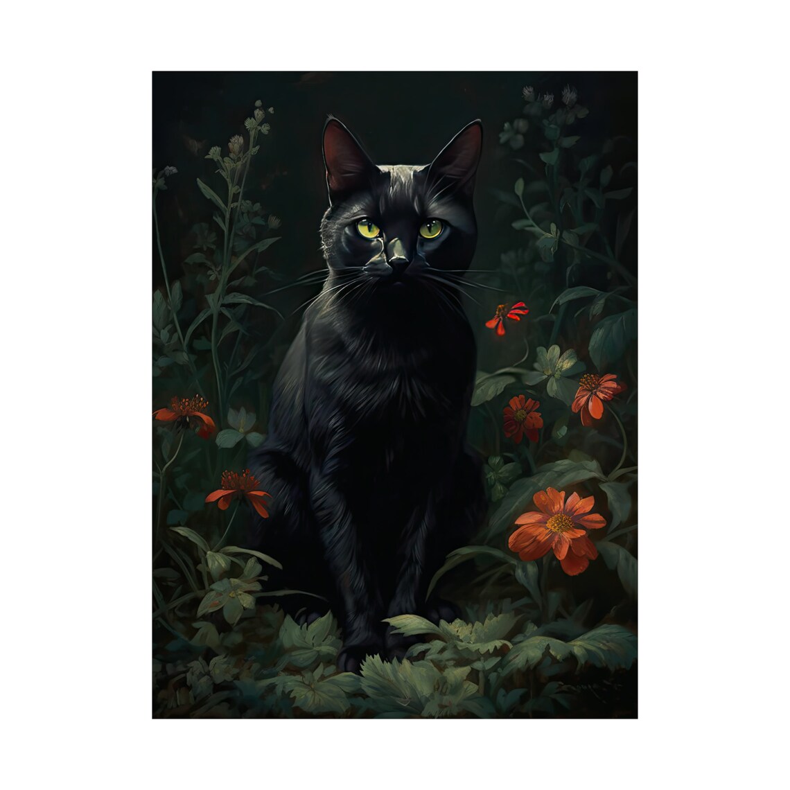 Black Cat Green Eyes Dark Floral Moody Gothic Cottagecore Wall Art Print - Image 4