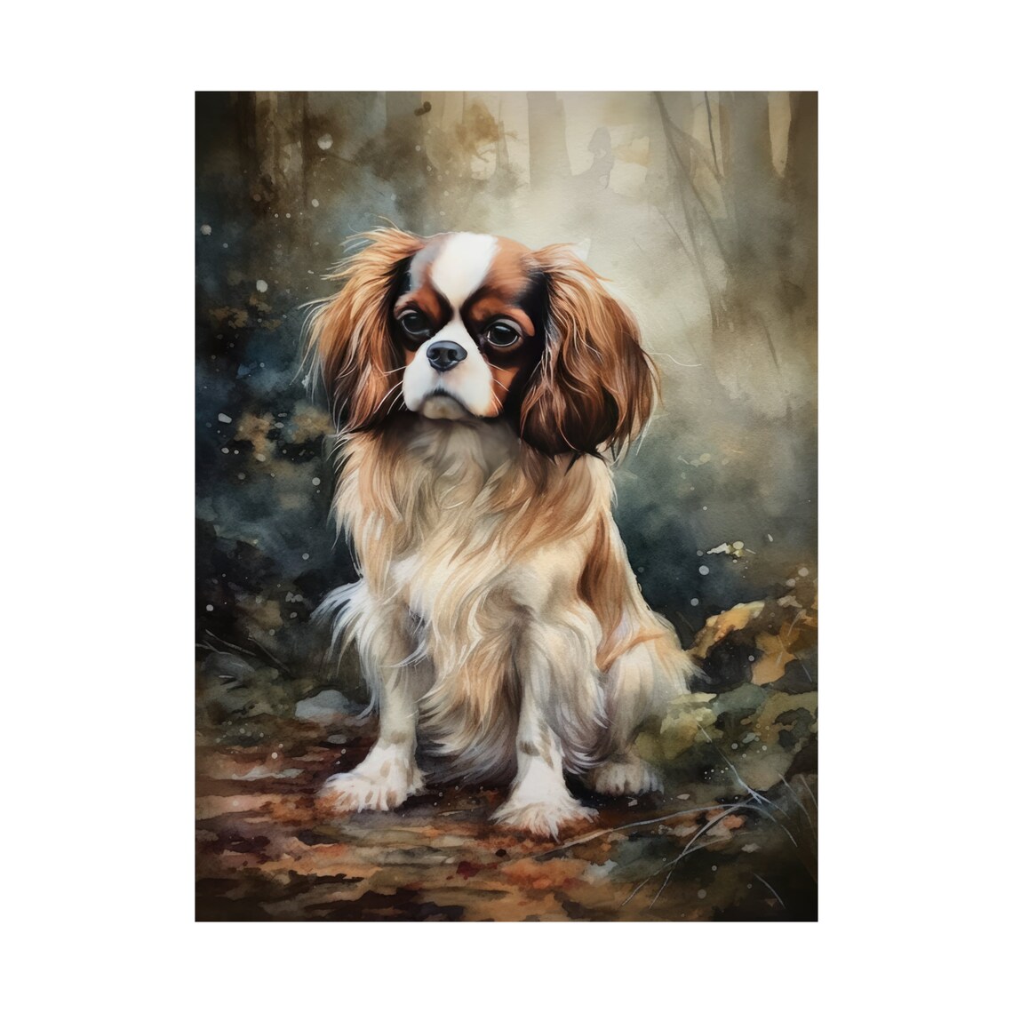 English Toy Spaniel Sitting in Forest Watercolor Dog Art Print - Image 4