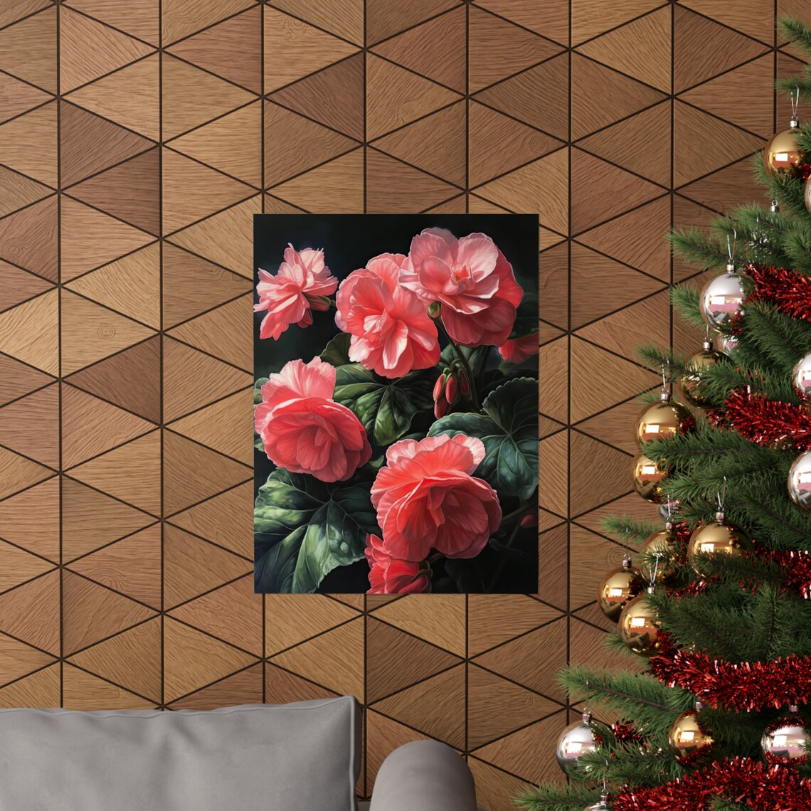 Pink Begonia Blooming Branches Dark Elegant Garden Floral Art Poster - Image 3