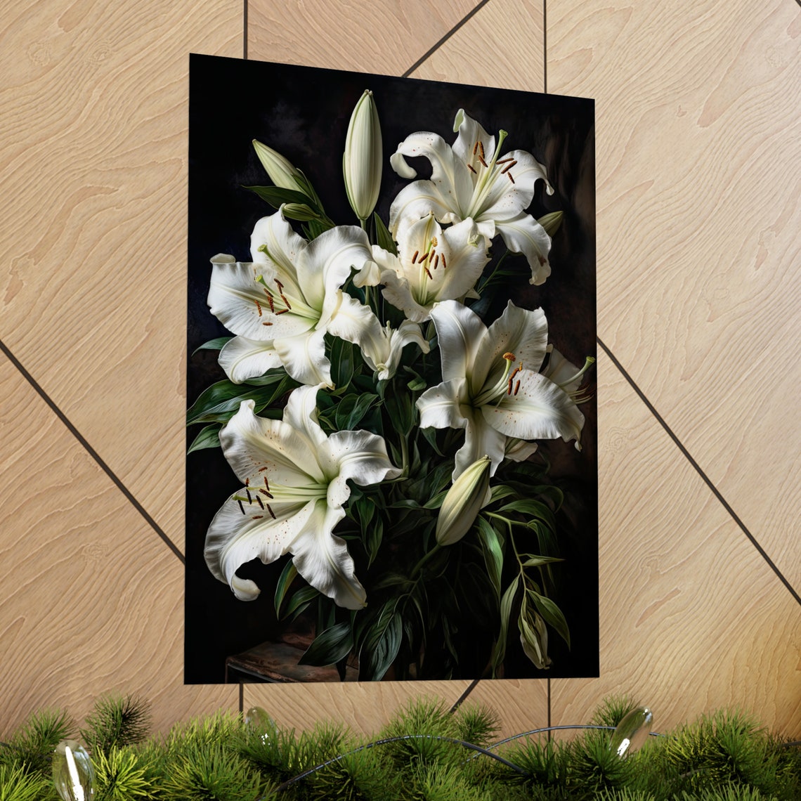 White Lily Blossoms Elegant Dark Botanical Floral Wall Art Print - Image 2