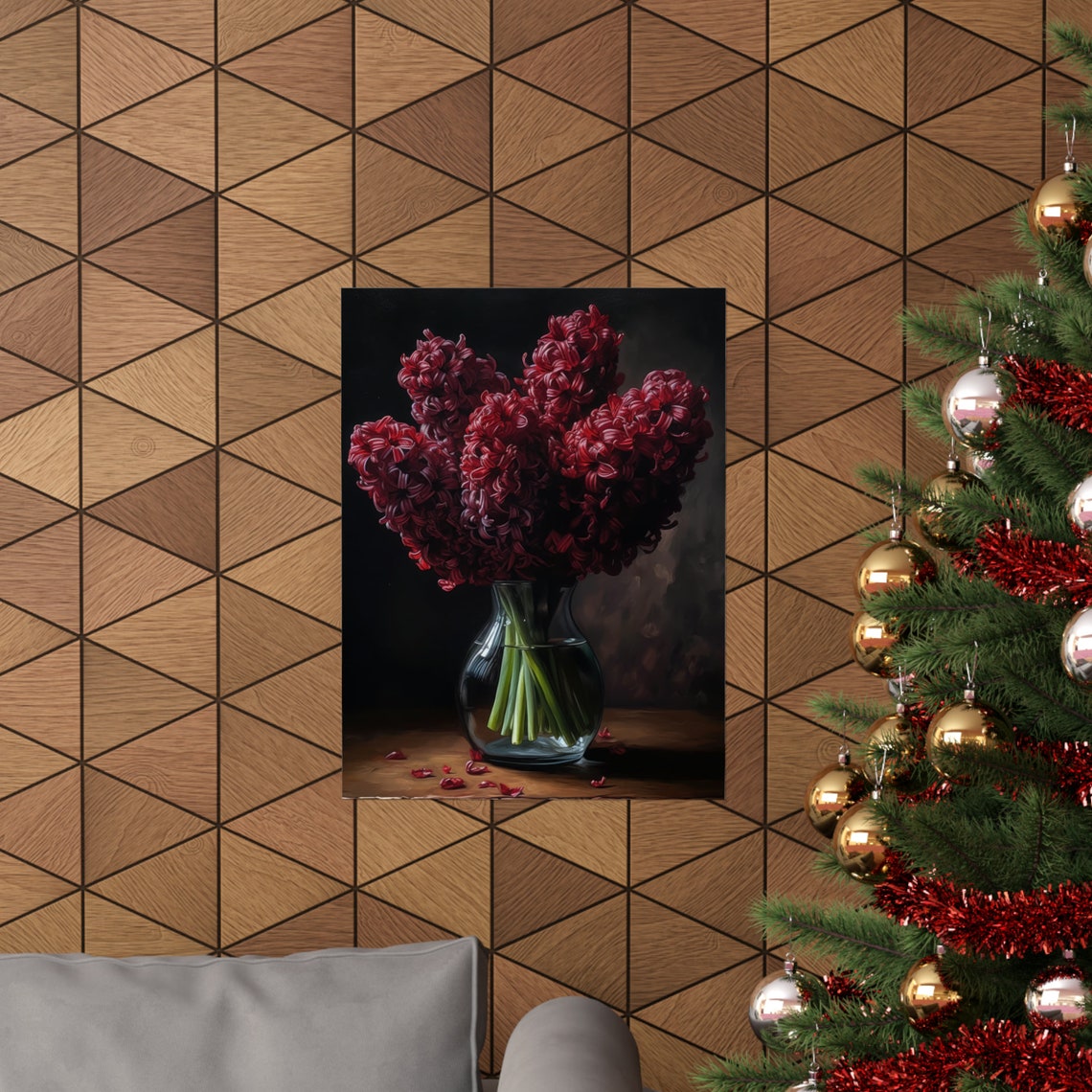 Dark Red Hyacinth Bouquet Glass Vase Dark Still Life Flower Poster - Image 3