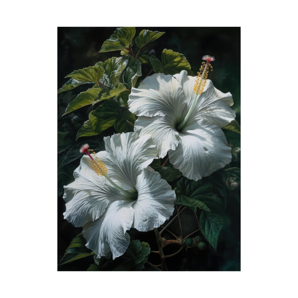 White Hibiscus Blooms Dark Tropical Botanical Fine Art Poster - Image 4