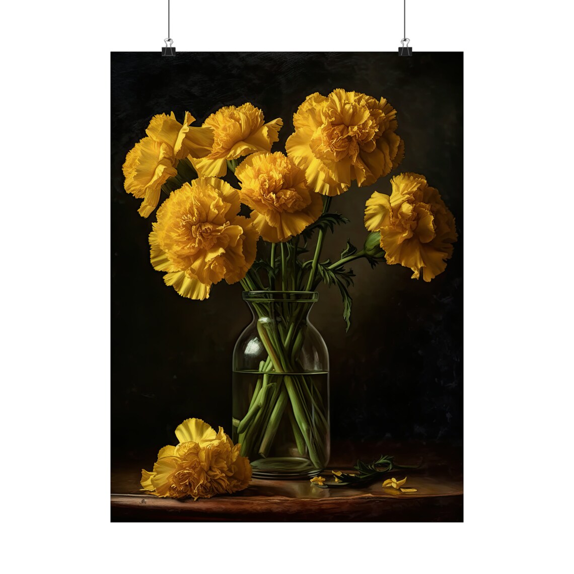 Yellow Carnation Stems Glass Bottle Vase Dark Still Life Art Poster - Image 5