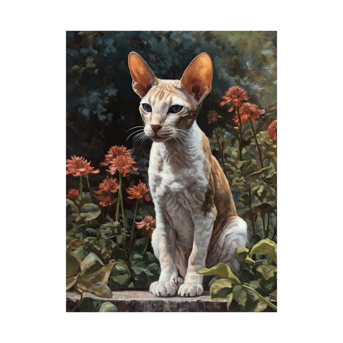 Cornish Rex Cat Big Ears Garden Portrait Red Flowers Art Poster - Image 4