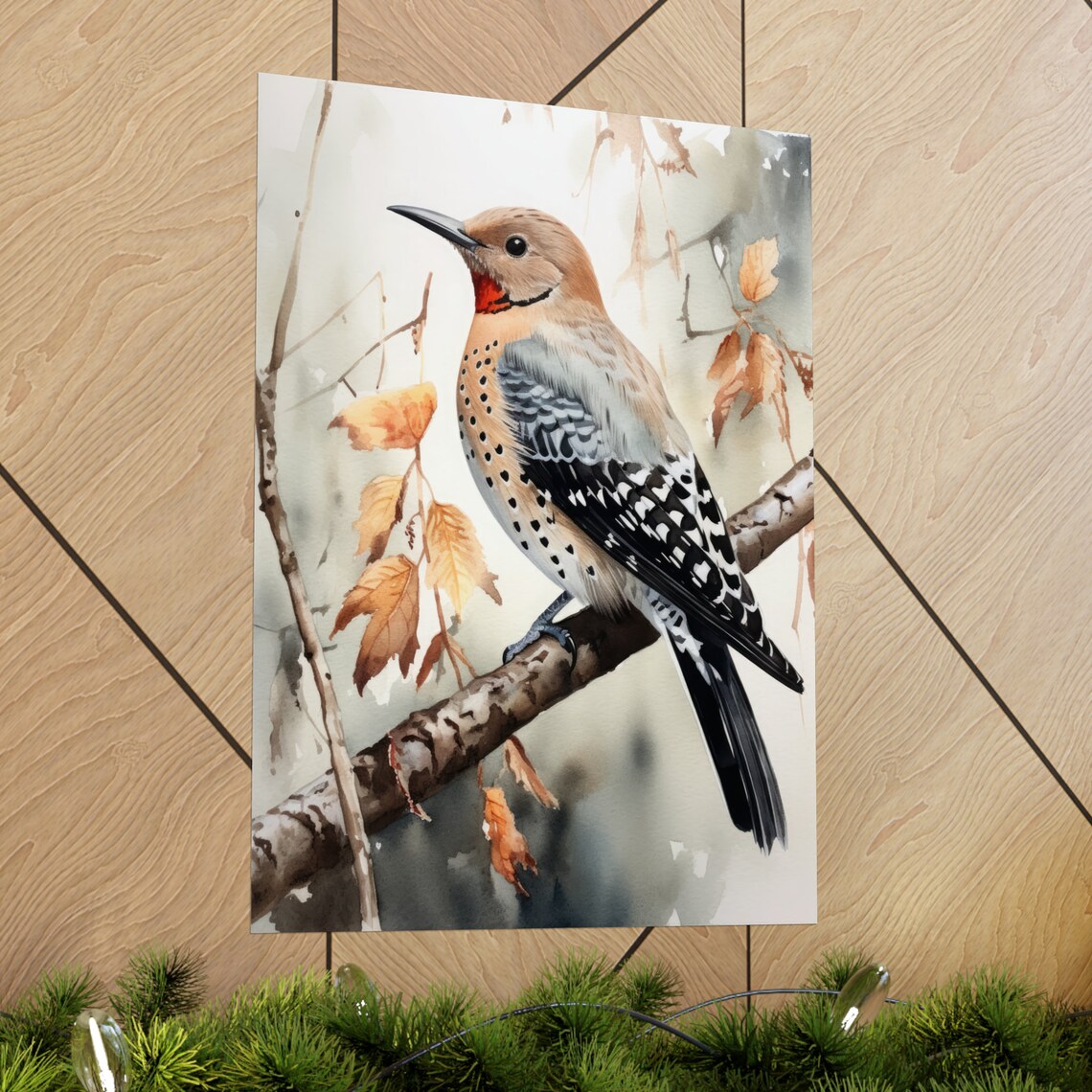 Northern Flicker Woodpecker Perched Watercolor Autumn Branch Art Print - Image 2