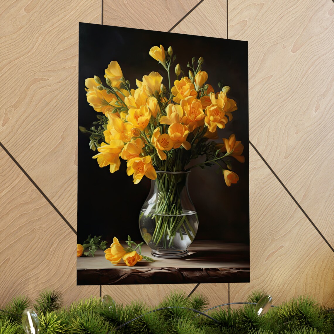Golden Yellow Freesia Bouquet Glass Vase Dark Still Life Poster - Image 2