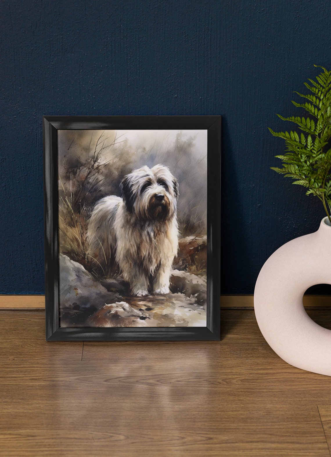 Polish Lowland Sheepdog Shaggy White Dog Rocks Watercolor Poster