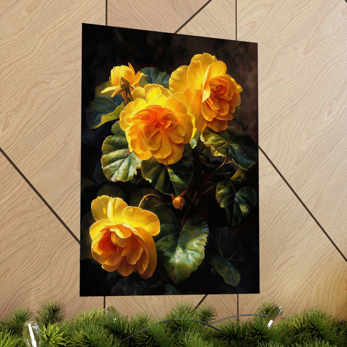 Yellow Begonia Blooms Dark Green Leaves Warm Golden Floral Poster - Image 2