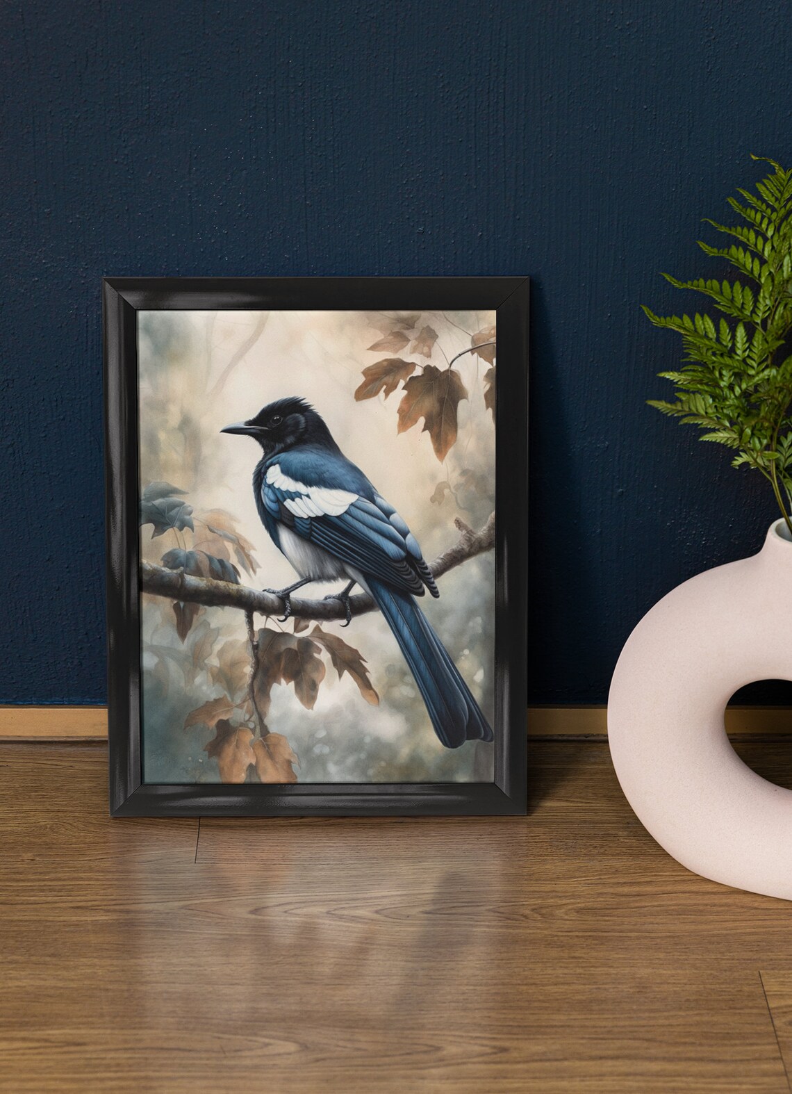 Black Billed Magpie Perched on Autumn Branch Watercolor Bird Poster