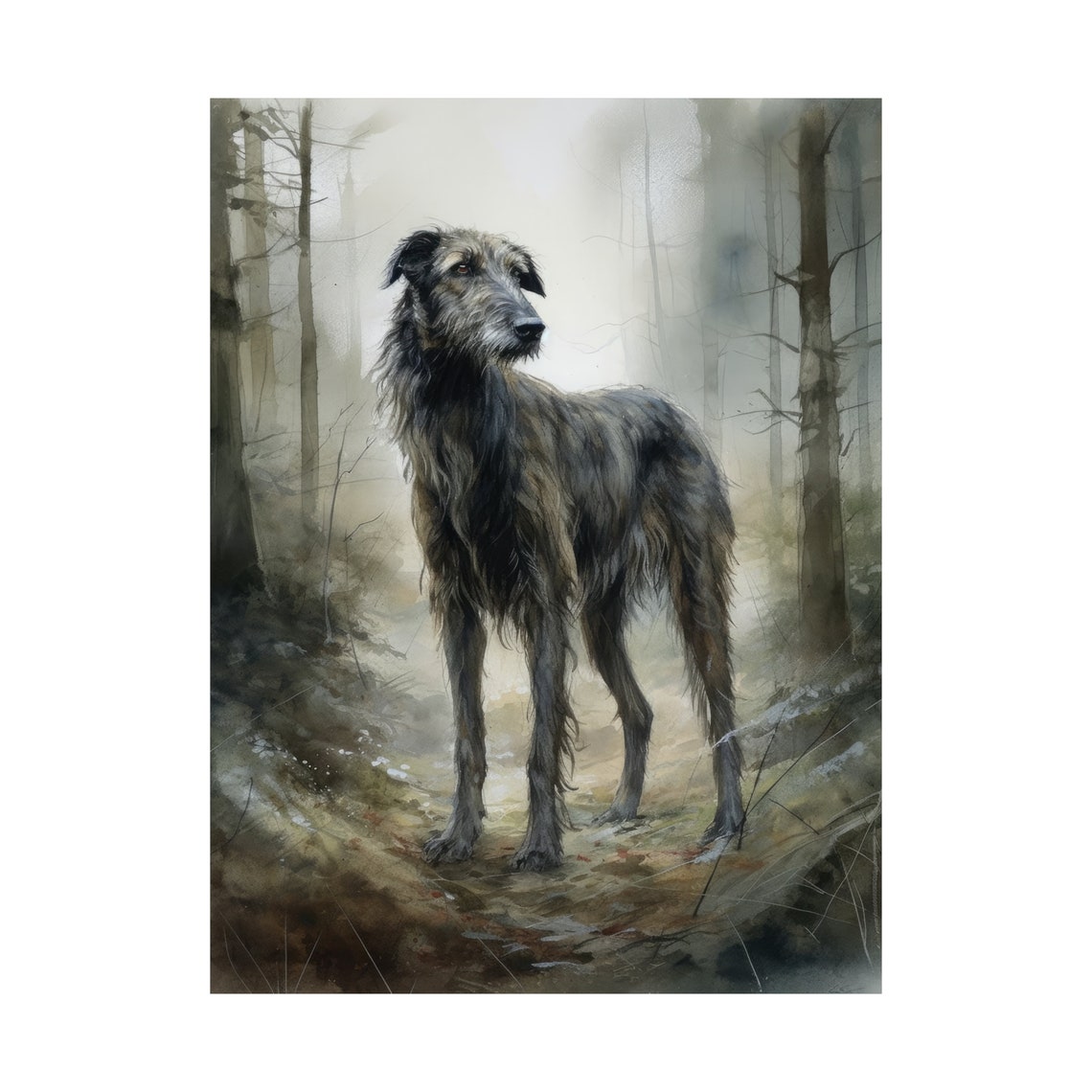 Scottish Deerhound Standing Misty Forest Watercolor Dog Art Print - Image 4
