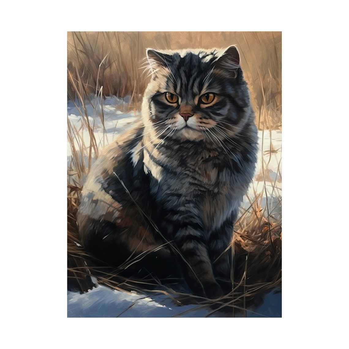 Scottish Fold Tabby Cat Autumn Grass Round Face Feline Art Poster - Image 4