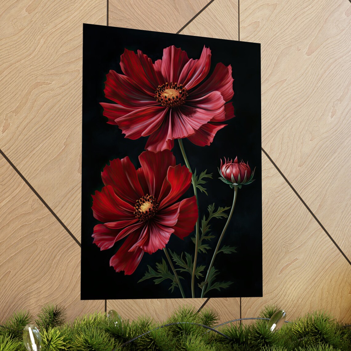 Red Cosmos Flowers Dark Background Moody Floral Fine Art Poster - Image 2