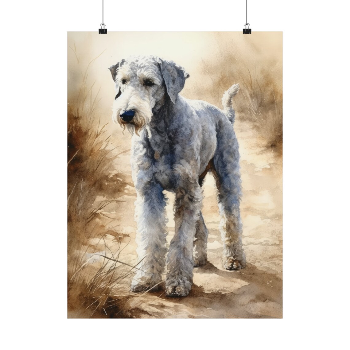 Bedlington Terrier Standing in Golden Field Watercolor Dog Art Print - Image 5