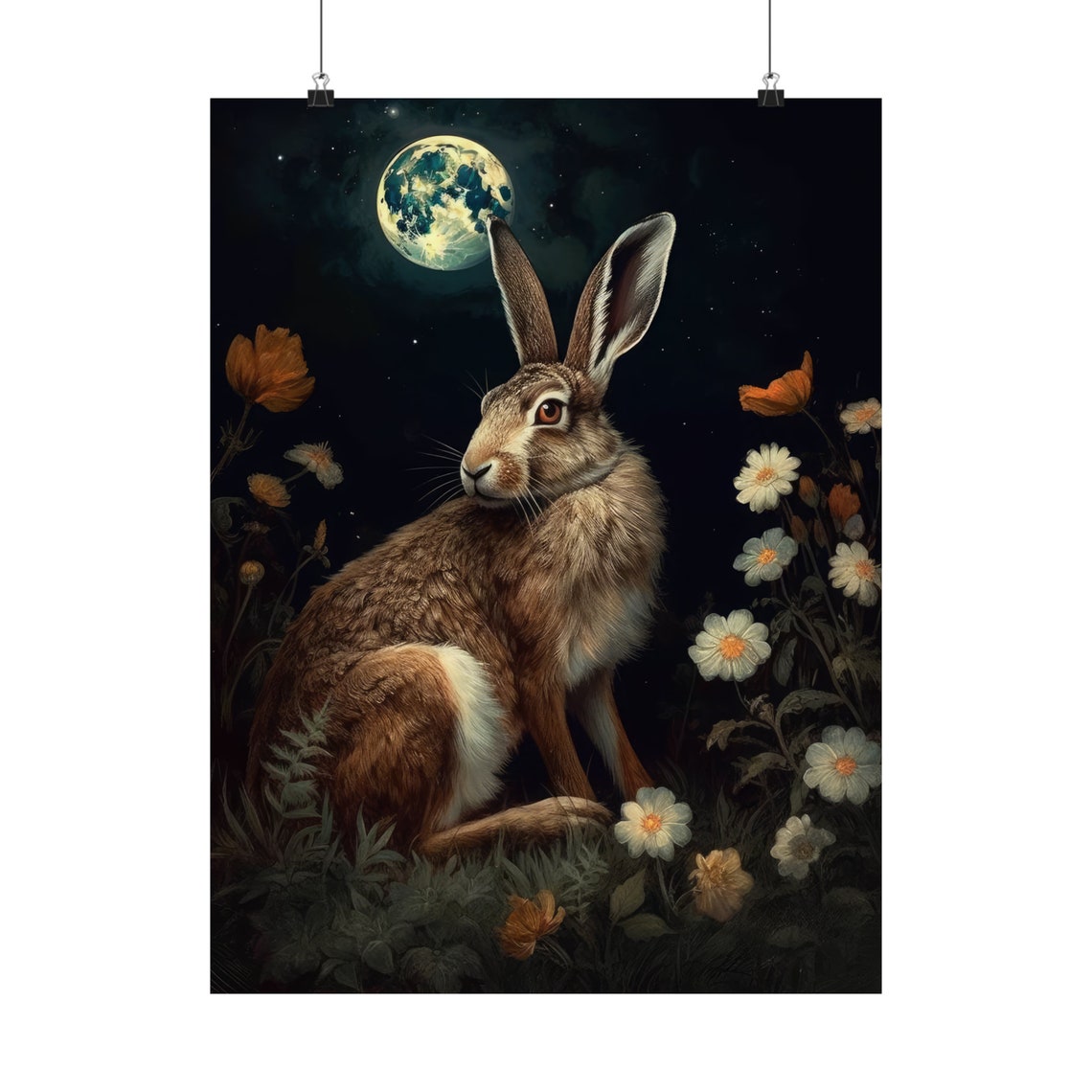 Wild Hare Under Full Moon Dark Academia Floral Night Scene Poster - Image 5