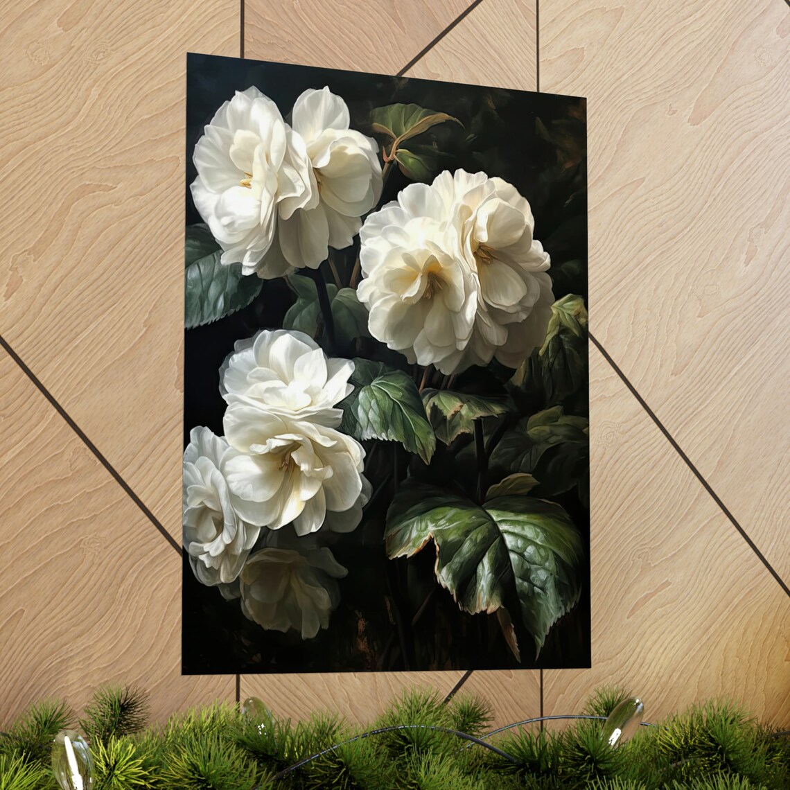 White Begonia Blossoms Dark Leafy Backdrop Crisp Floral Art Poster - Image 2